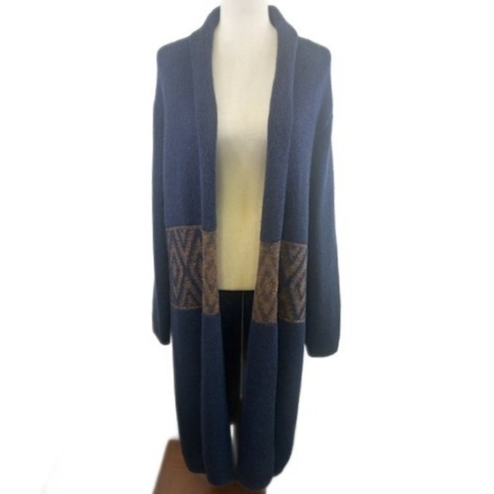 Bobeau Sweater Women's Size Large Blue Aztec Print Knit‎ Long Cardigan Coatigan